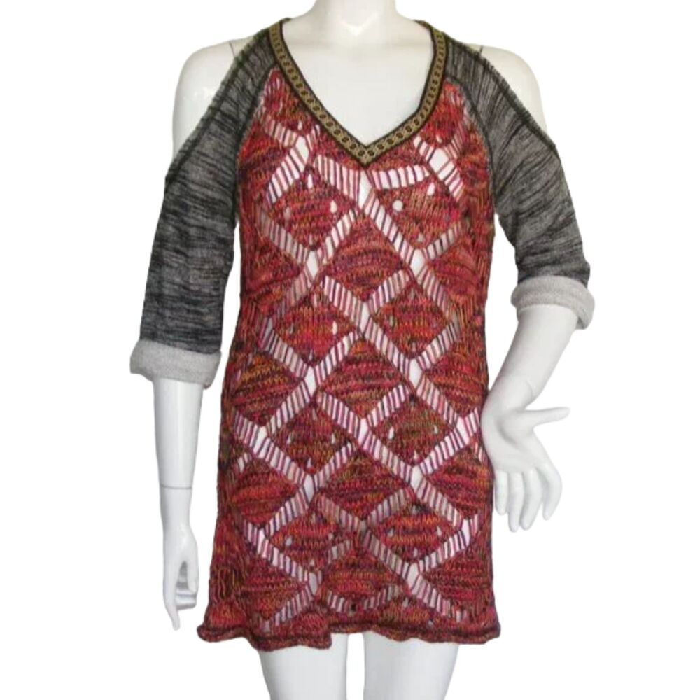 BKE Sweater, S, Open knit, Cold Shoulder, Multicolor, Distressed, Layer up